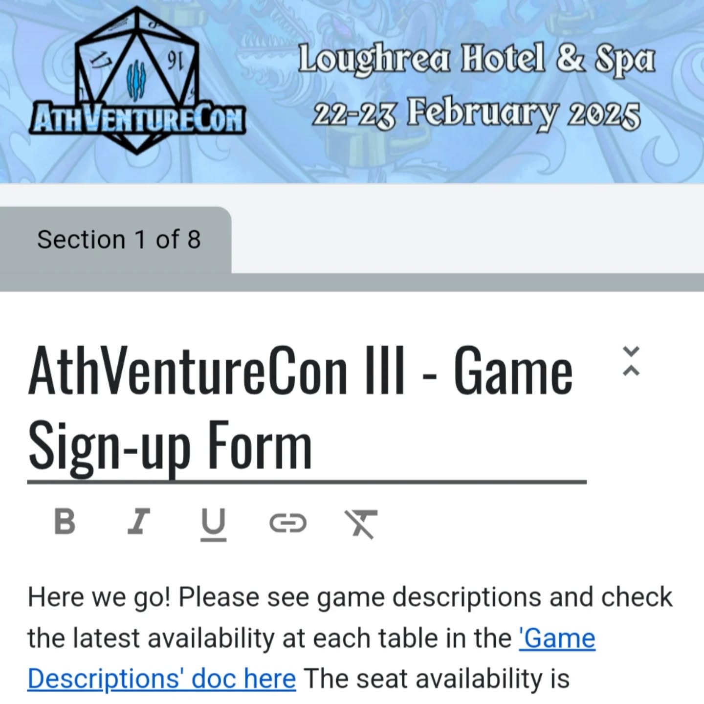 Game Sign-up form